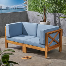 Christopher Knight Home Brava Outdoor Modular Acacia Wood Loveseat with Cushions, Teak and Blue