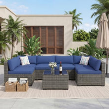 GarveeLife 7 Piece Outdoor Patio Furniture Set, Iron Frame Sectional Sofa Set with Gray Gradient Wicker and Blue Cushions, Outdoor Conversation Sofa Set for Garden and Patio