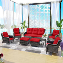 MeetLeisure 8-Piece Wicker Patio Furniture Set with Sofa, Swivel Rocking Chairs, Ottomans, and Side Table Red