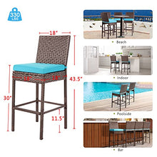 Outdoor Bar Stools Set of 4 with Backs Wicker Counter Height Bar Stools for Patio Armless Tall High Top Chairs for Outside with Footrest Cushion Blue All Weather Brown Rattan