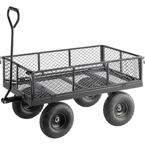Heavy-Duty 800 lb. Steel Garden Utility Cart - Black Mesh Wagon with Removable Sides, Flatbed Conversion, 42.5" x 21" Platform, 10" Pneumatic Wheels for Landscaping, Yard, Farm, and Commercial Use