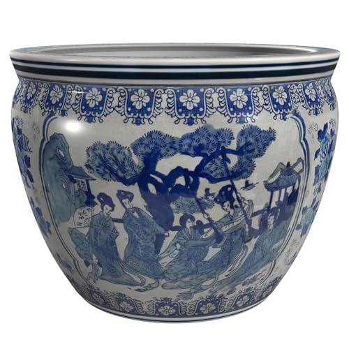 Red Lantern Large 20" Ladies Blue Porcelain Fishbowl Planter