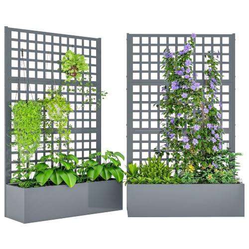 Outsunny 2 Pack Galvanized Raised Garden Bedw/Trellis 43" x 16" x 70" Gray
