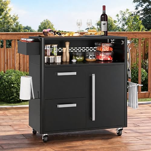 IDEALHOUSE Outdoor Grill Cart with Stainless Steel Prep Table, 3-Tier Mobile Kitchen Island with Storage Cabinet and Drawers, Lockable Wheels, for BBQ Patio Backyard, Black