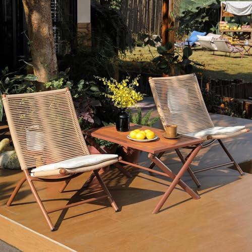 Labasuan Foldable Patio Bistro Set, Outdoor All-Weather Patio Furniture with Cushions & Table, PE Faux Rattan Folding Adirondack Chair for Garden, Balcony & Backyard(3-piece Set)