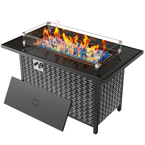 Ciays 43″ Propane Fire Pit, CSA-Listed 60,000 BTU Outdoor Gas Fire Pit Table with Glass Wind Guard, Tempered Glass Top, Lid, Glass Rocks, Adjustable Legs, Fire Table for Patio, Garden & Party, Black