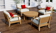WholesaleTeakFurniture Atnas 5 Piece Teak Wood Lounge Chair Set: 4 Lounge Chairs & Round Coffee Table with Cushions in Outdoor Sunbrella Fabric #5404 Canvas Natural