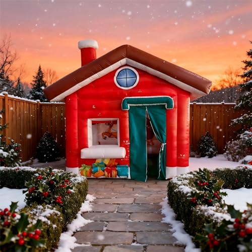 10x10x10FT Inflatable Santa House, Outdoor Inflatable Christmas House, PVC Christmas Holiday Decor for Yard/Garden