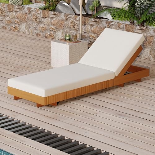 Christopher Knight Home Habery Acacia Wood Chaise Lounge Outdoor with Cushion, Wooden Patio Chaise Lounge with Cushion, Adjustable Backrest Outdoor Sunbathing Lounge Chair, Copper Teak+Cream
