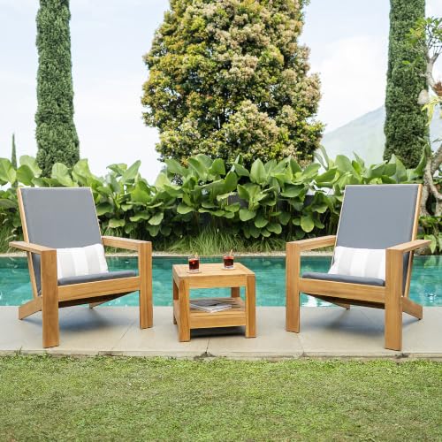 Cambridge Casual Napa Teak Outdoor Adirondack Chat Set of 3 with Padded Seat, Free Furniture Cover, Quick-Dry Foam, Gray Color, Square Side Table, Perfect for A Round Firepit