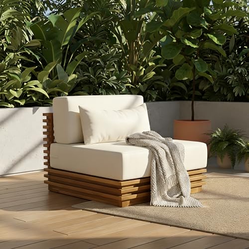 Christopher Knight Home Oversized Outdoor Club Chair with Solid Acacia Wood Frame Natural Finish Water Repellent Cushions Patio Lounge Chair Deep Seat Outdoor Armchair Beige