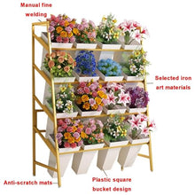 Ligedamai Metal Flower Display Stand with Buckets, 4 Tiered Stepped Storage Rack with Wheels for Outdoor Plant and Pot Organization(A,4 Layers)