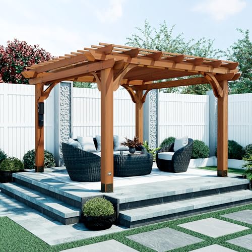 Backyard Discovery Beaumont 12' x 12' Traditional Cedar Wood Pergola Kit with Trellis Roof, All-Season Durability, High-Wind Rating, PowerPort, Shade for Outdoor Patio, Deck, Garden, and Entertaining