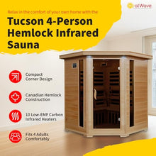 HEATWAVE Tucson 4 Person Hemlock Low EMF Infrared Wood Sauna for Home & Indoor Relaxation – With 9 Carbon Heaters, Chromotherapy Lighting, Tempered Glass Door, Built-In Stereo Sound System