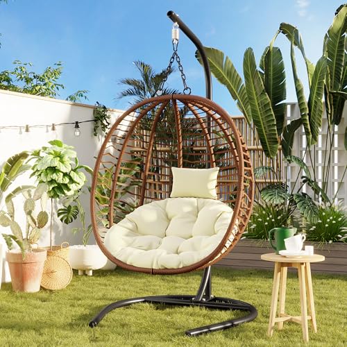Merax Folding Hanging Egg Chair with Stand, Indoor Outdoor Wicker Hammock Swing Chair with Adjustable Anti-Slip Feet for Balcony, Bedroom, Garden