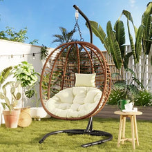 Merax Folding Hanging Egg Chair with Stand, Indoor Outdoor Wicker Hammock Swing Chair with Adjustable Anti-Slip Feet for Balcony, Bedroom, Garden