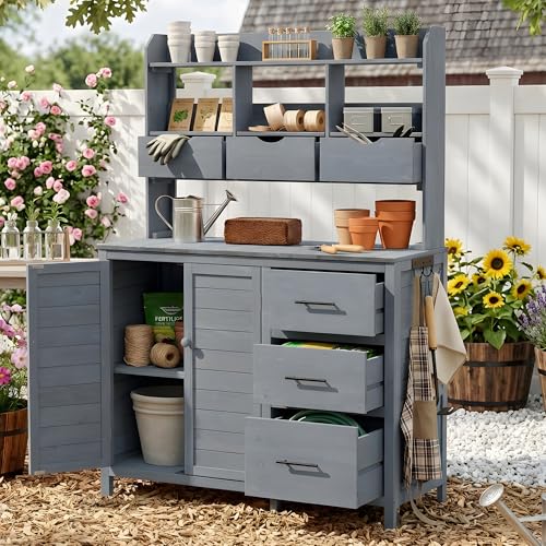 Zeephrog Farmhouse Potting Bench with 6 Drawers, 44.6x19.5 Inch, Fir Wood, Grey, Bottom Cabinet, Side Hook, Outdoor Kitchen Island