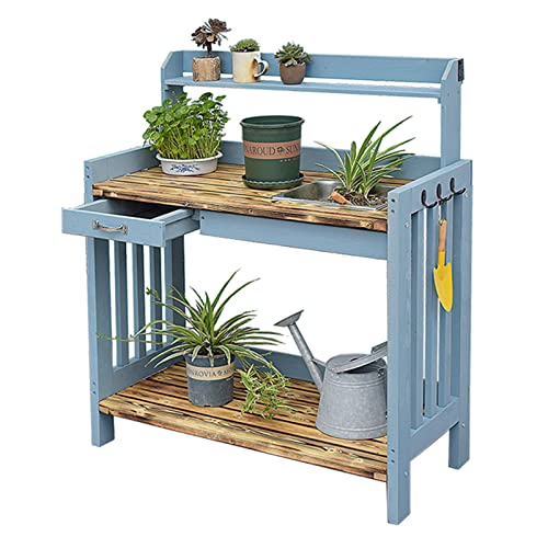 Wood Outdoor Potting Bench with Storage Shelf - Patio Garden Work Station Table - Gardening Workbench for Porch, Greenhouse, Backyard, Patio and Balcony - with Storage, Drawer, Hook (Blue D