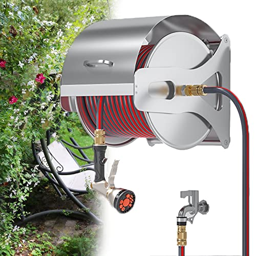 YEHOZZ Garden Hose Reels, Hose Reel 15-70m Wall/Floor Mounted Hose Reel for Garden – Retractable, 180° Pivot with 9 in 1 Spray Nozzle and Lead Hose, for Household Gardening Cleaning,Rack+40mHose