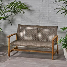 Seeheool Hampton Outdoor Acacia Wood Wicker Loveseat, Patio Furniture Conversation Set for Backyard