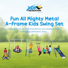 XDP RECREATION Metal A-Frame Kids Swing Set 10-Child Capacity with Slide & 5 Swing Types Silver/Blue