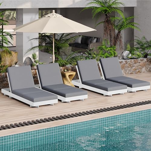 Merax 4-Piece Acacia White Wood Chaise Lounge Set w/ 6-Position Adjustable Backrest & Cushion - Outdoor Patio Poolside Furniture, Grey