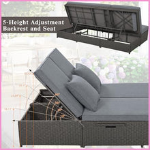 2 Person Reclining Chair Set with Cup Holders Outdoor Wicker Rattan Double Sunbed with 5 Position Adjustable Backrest and Seat Conversational Set for Patio Poolside, Gray