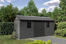 Keter Newton Plus 7.5x15 Ft All-Weather Storage Shed with Skylight, Window, Built-in Ventilation, Customizable Walls, & Lockable Double Doors, Graphite