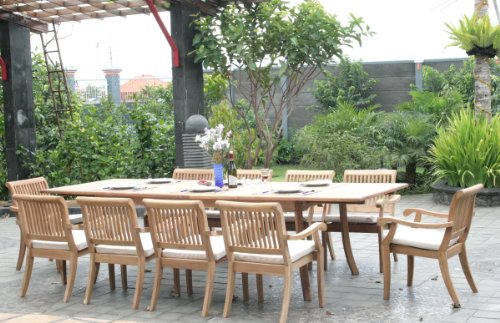 WholesaleTeak New 11 Pc Luxurious Grade-A Teak Dining Set - Large 117" Rectangle Table and 10 Stacking Arbor Arm Chairs #WHDSABn
