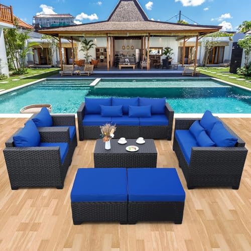 HTERWQEA 7 Piece Patio Furniture Set Outdoor All Weather Wicker Sectional Sofa, Conversation Couch with Ottoman and Storage Table for Porch Poolside Royal Blue