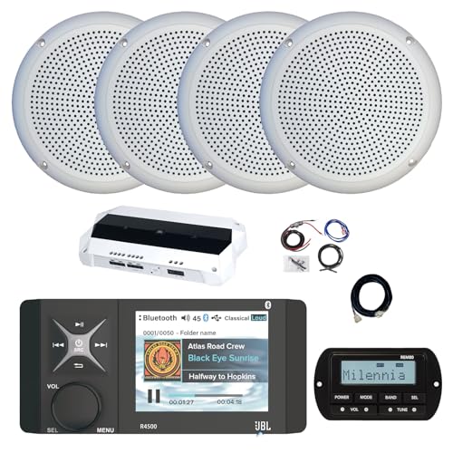 Enrock Marine JBL Wake Series R4500 Marine Bluetooth Radio Receiver with Remote, Amplifier & 4x 5.25" Speakers White