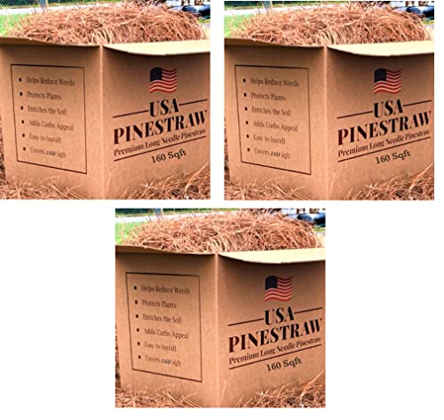 Long Needle Pine Straw Mulch - 160 Sqft Coverage 3 Set - Premium USA Harvested PineStraw for Landscaping, Weed Control, Moisture Retention & Erosion Control - USA Pinestraw