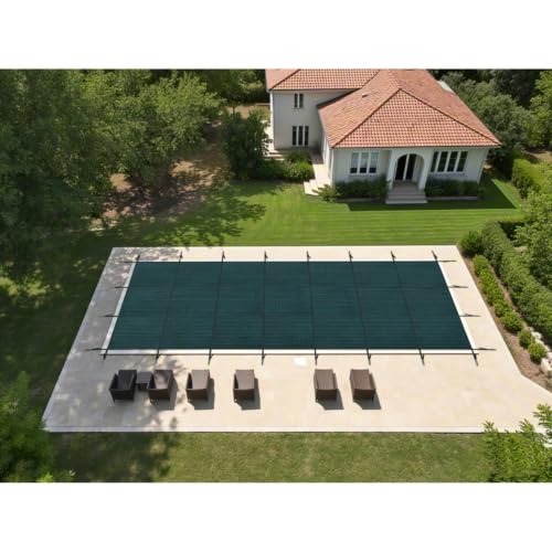 Reinforced Pool Safety Cover with 0.3mm mesh and Blocks pinecones for Concrete courtyards, Premium Swimming Pool Barrier with Adjustable Tension for Villa Gardens (Green-30x50ft)