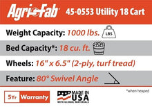 Agri-Fab 45-0553, 1,000-Pound Capacity Poly Swiveling Tow Behind Dump Cart, 18 Cubic Feet Capacity, 80 Degree swiveling, 52 Degree Dumping, 16-Inch x 6.5-Inch Pneumatic Turf Tread Tires