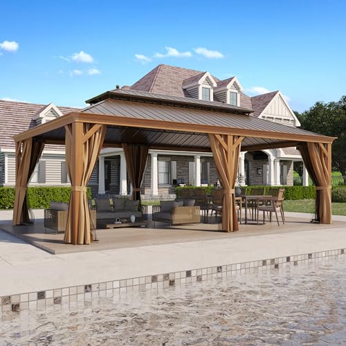 GAZEBEST 14' X 22' Hardtop Gazebo Wood Grain Galvanized Steel Roof Pavilion
