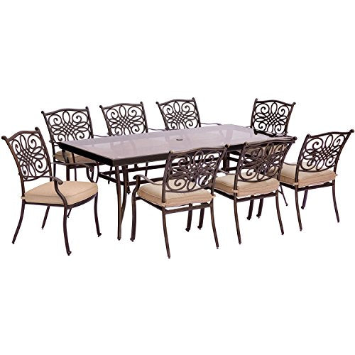 Hanover Traditions 9 Piece Outdoor Dining Set with Extra-Long Glass-Top Table Tan