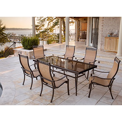 Hanover Monaco 7-Piece Outdoor Dining Set with Glass-Top Table and PVC Sling Chairs Tan
