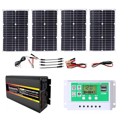 XDZT 100W 12V Monocrystalline Silicon Solar Panel Charging Kit with 10000W DC12V-AC110V/220V Car Inverter + 50A Solar Controller, Suitable for Cars, RVs and Campers(12V-110V)