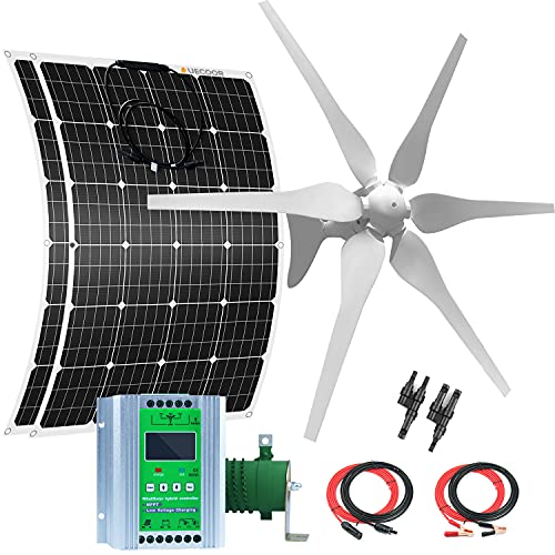 640 Watts Solar Wind Turbine Generator Power Kit: 1pc 400 Watt 6-blade Wind Turbine + 2pcs 120W flexible Mono Solar Panels + 1pc Solar Wind Hybrid Controller + accessories off grid 12V for homes RV