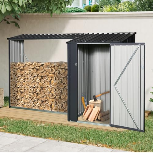 BYLUXA Heavy-Duty Galvanized Steel 2-in-1 Outdoor Firewood Rack & Metal Storage Shed - Rust-Resistant, Weatherproof, Multi-Functional Solution for Firewood & Yard Equipment Storage