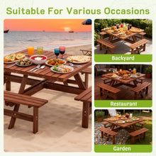 Hassyee Outdoor Picnic Table and Build-in Benches Set with Umbrella Hole for Poolside, Garden, Park, Wooden Furniture Set with Slatted Design and Metal Frame for Backyard, Deck (Square Table -Brown)