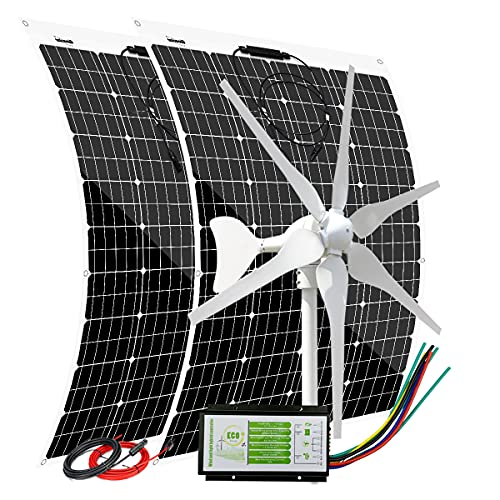 400 Watt 24 Volt Wind Turbine Generator + 240W Monocrystalline Flexible Solar Panels + Solar Wind Hybrid Controller,640W Solar Wind Off Grid System for Greenhouse