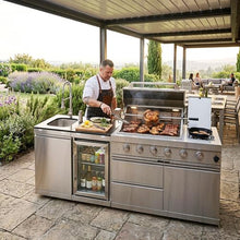 TYMMC 85 Inch 4 Burner 72000 BTU Stainless Steel Outdoor Gas Barbecue Island Grill with Wine Cooler Rotisserie Kit Granite Countertops Sink