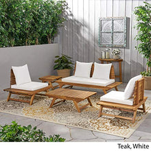 GDFStudio Outdoor Acacia Wood 4 Seater Chair Set with Side Table and Coffee Table, and White