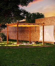 FinerFurnis Retractable Adjustable Canopy Aluminum Pergola – Imitation Wood Grain Column, Khaki, Metal Patio Gazebo, 10x13FT