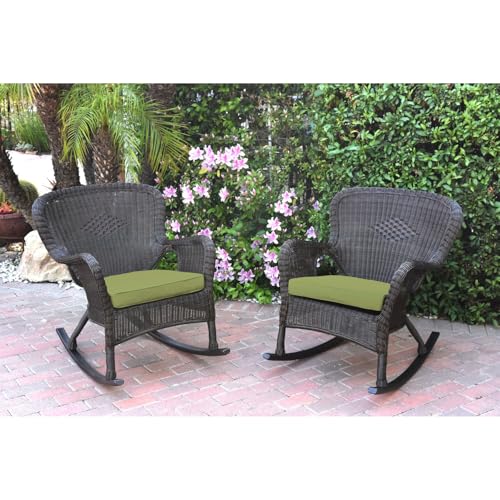 Jeco Inc W00215-R_2-FS029 Windsor Espresso Resin Wicker Rocker Chair with Cushions, Green