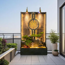 Indoor Outdoor Resin Zen Fountain Wall with LED Lights, Large Water Feature with Circular Design, Landscape Decor with Pump, for Garden, Entryway & Living Room,Spa(Rockery Mountain)(Buddha)