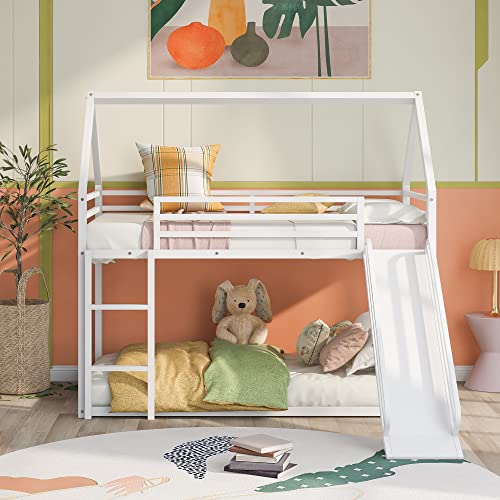 Brisca Metal Twin Size House Bed with Roof and Slats Support White