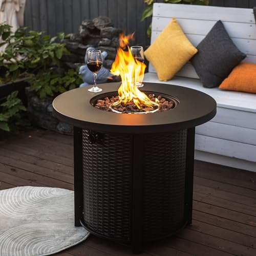 YOPTO 30inch Propane Round Fire Pit Table with 40000BTU and Stainless Steel Burner,Rattan Pattern Fireplace w/Piezo Electronic Lgniter & Rocks,Backyard Patio Garden Heater for Outdoor,Black