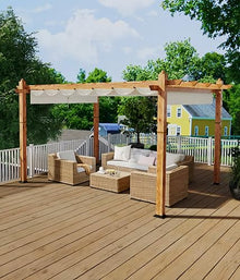 GarveeLife 10 x 13 ft Wood-Grain Aluminum Pergola Outdoor Pergola with Retractable Canopy Sun Shade Shelter for Garden, Patio, Backyard, Deck - Beige